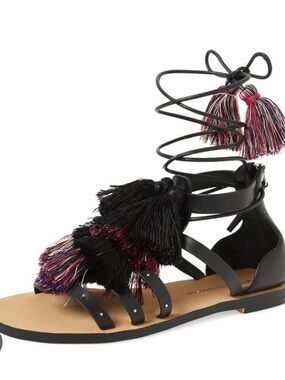 NWT Rebecca Minkoff “Elisha” Sandals, Black Leather/Multicolor Tassels, Size 7